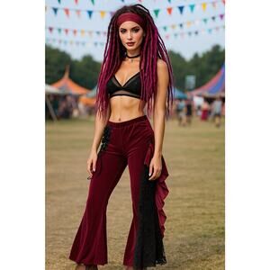 Women's Burgundy Velvet Flare Pants